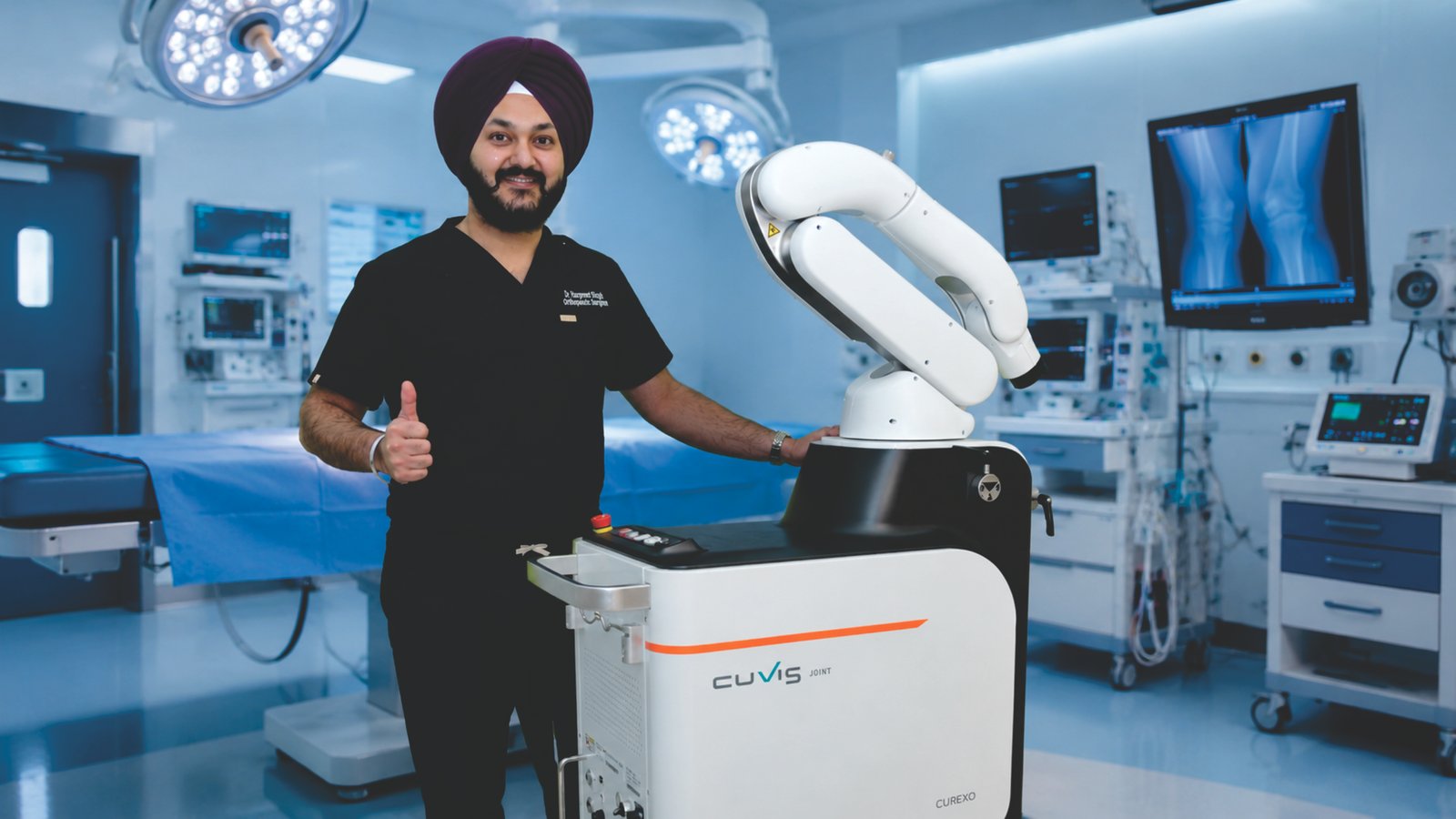 Dr. Nagpal with the CUVIS robotic system in the operating theatre